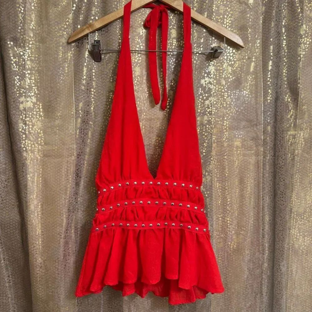 Lotus & Lavender Red Deep V Neck Studded Halter Ruffle Hem Top Medium NWT